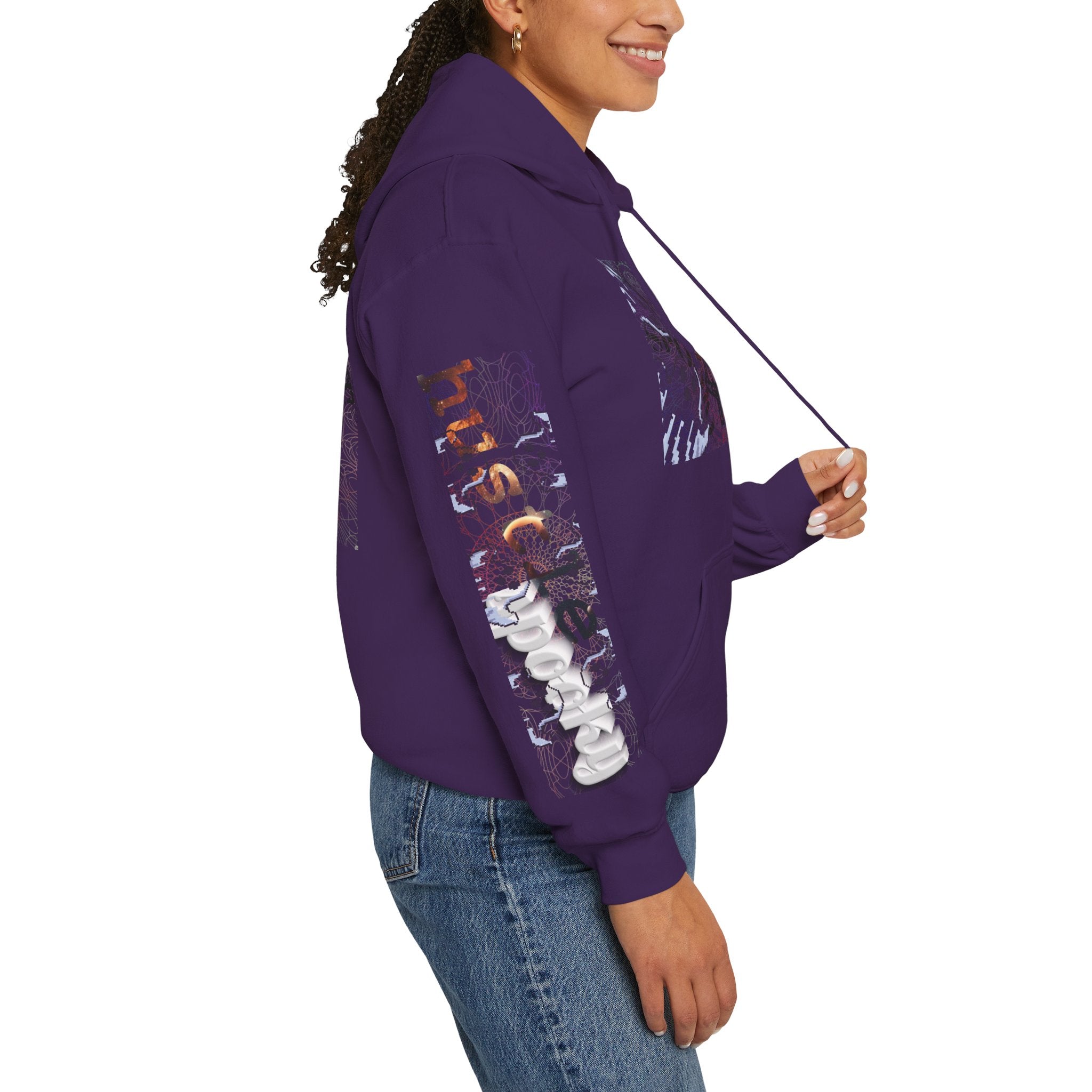 Person wearing a purple hoodie with abstract designs on a white background