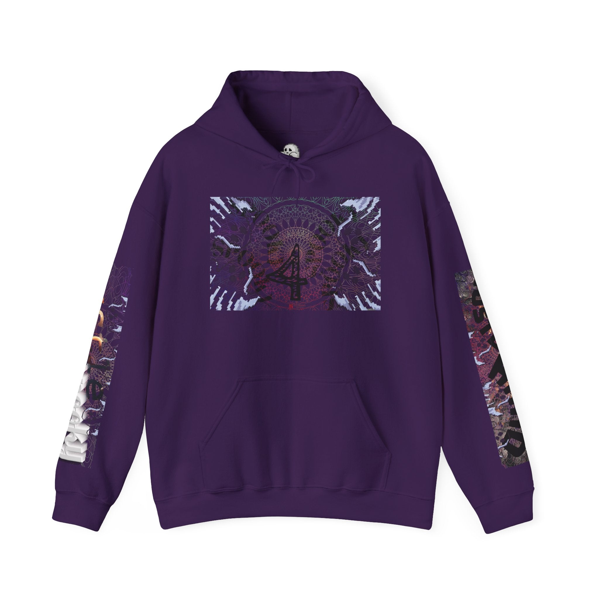 Purple hoodie with a colorful graphic design on a white background