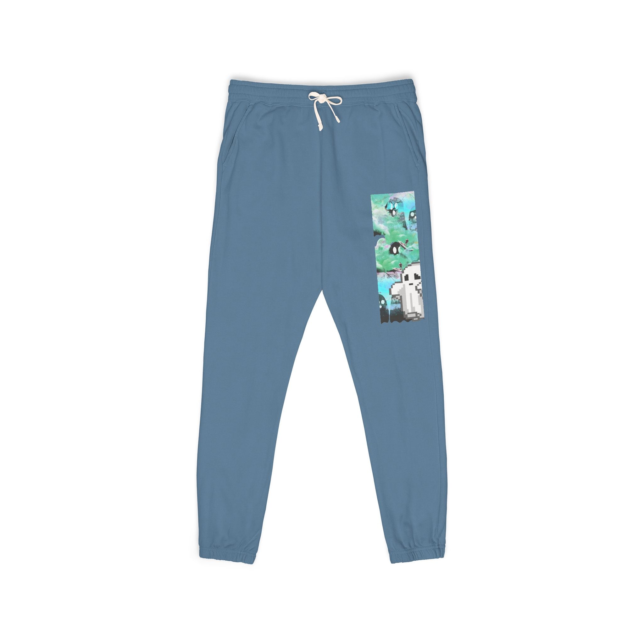 Blue sweatpants with a graphic design on a white background