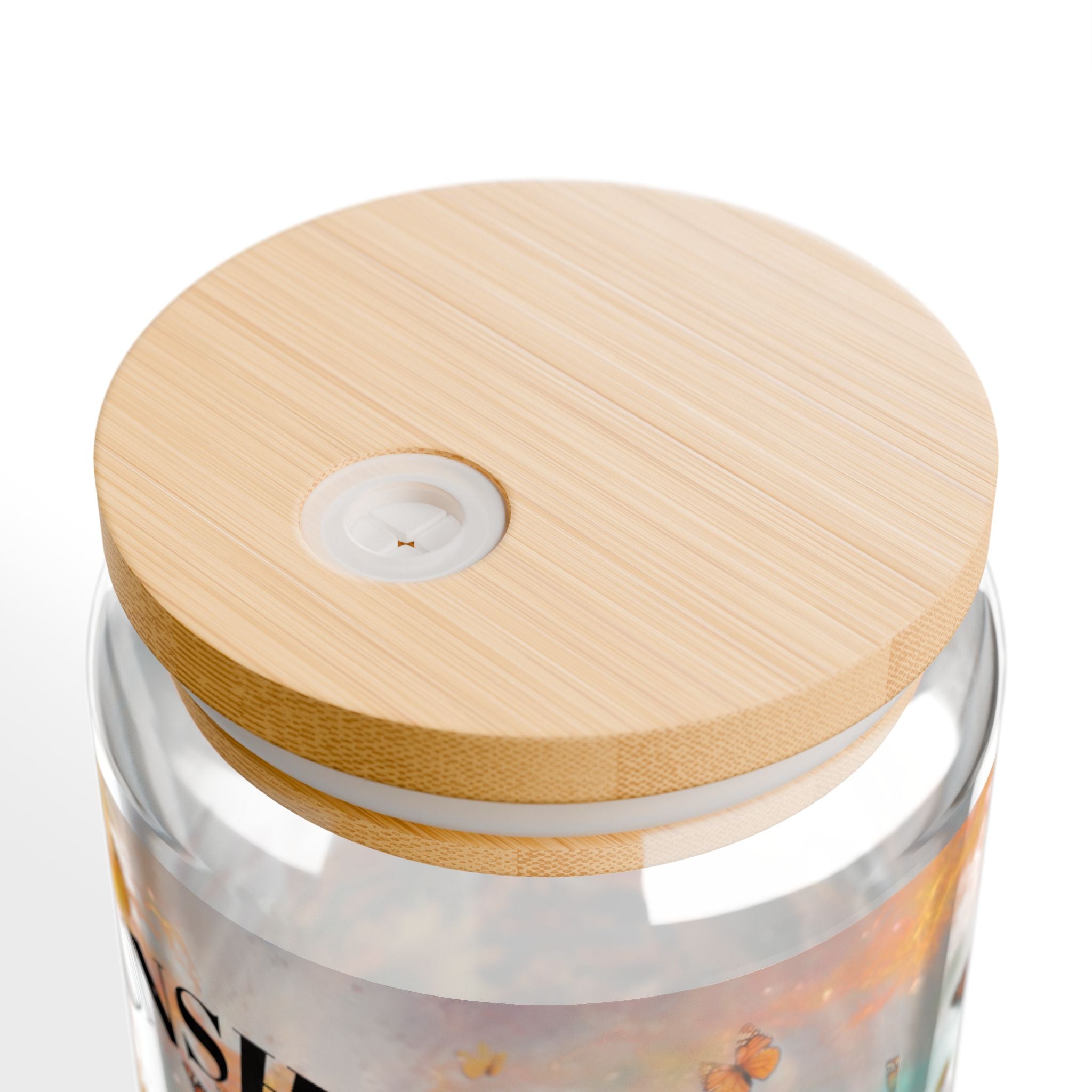 Glass jar with a wooden lid on a white background