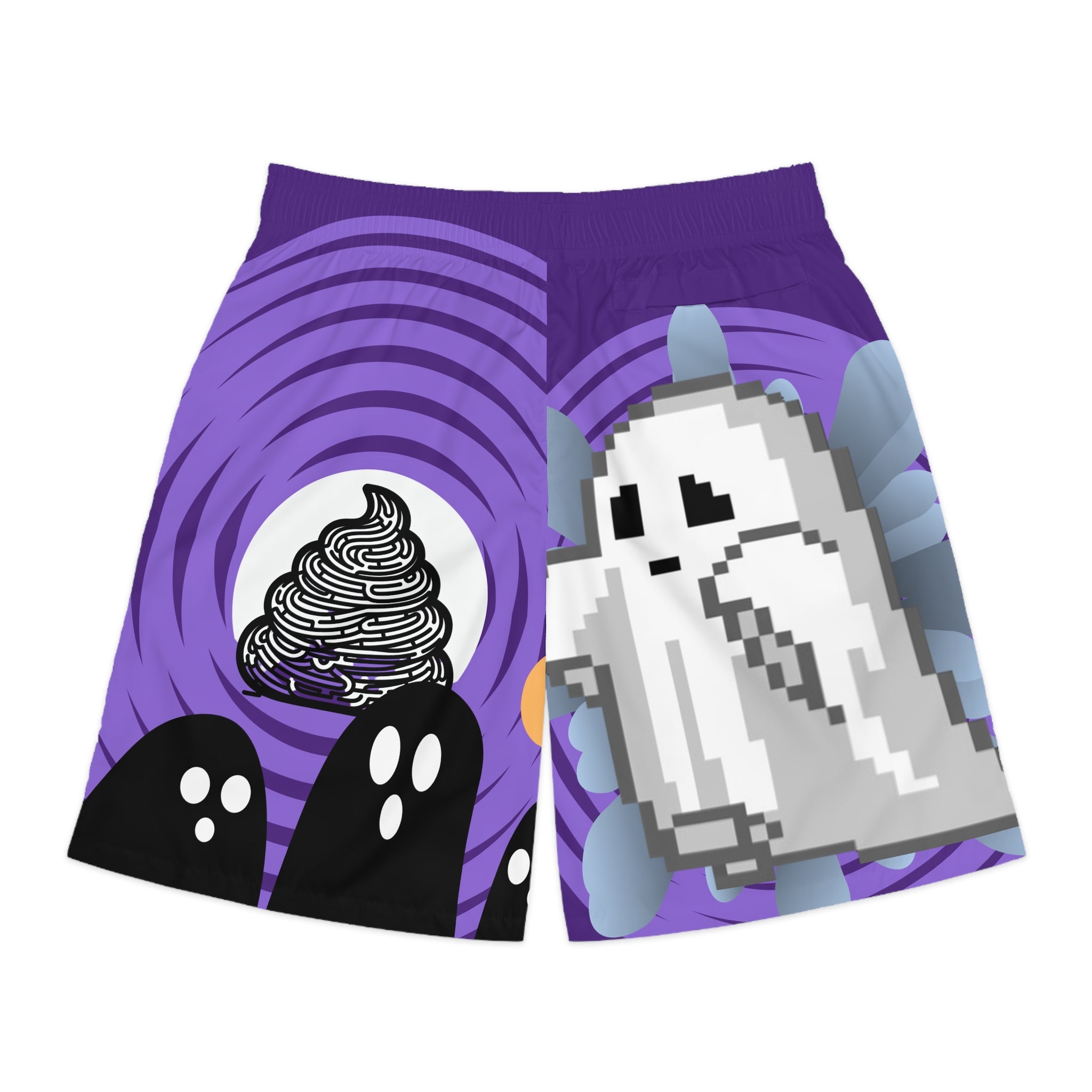 Purple shorts with pixelated ghost design on a white background