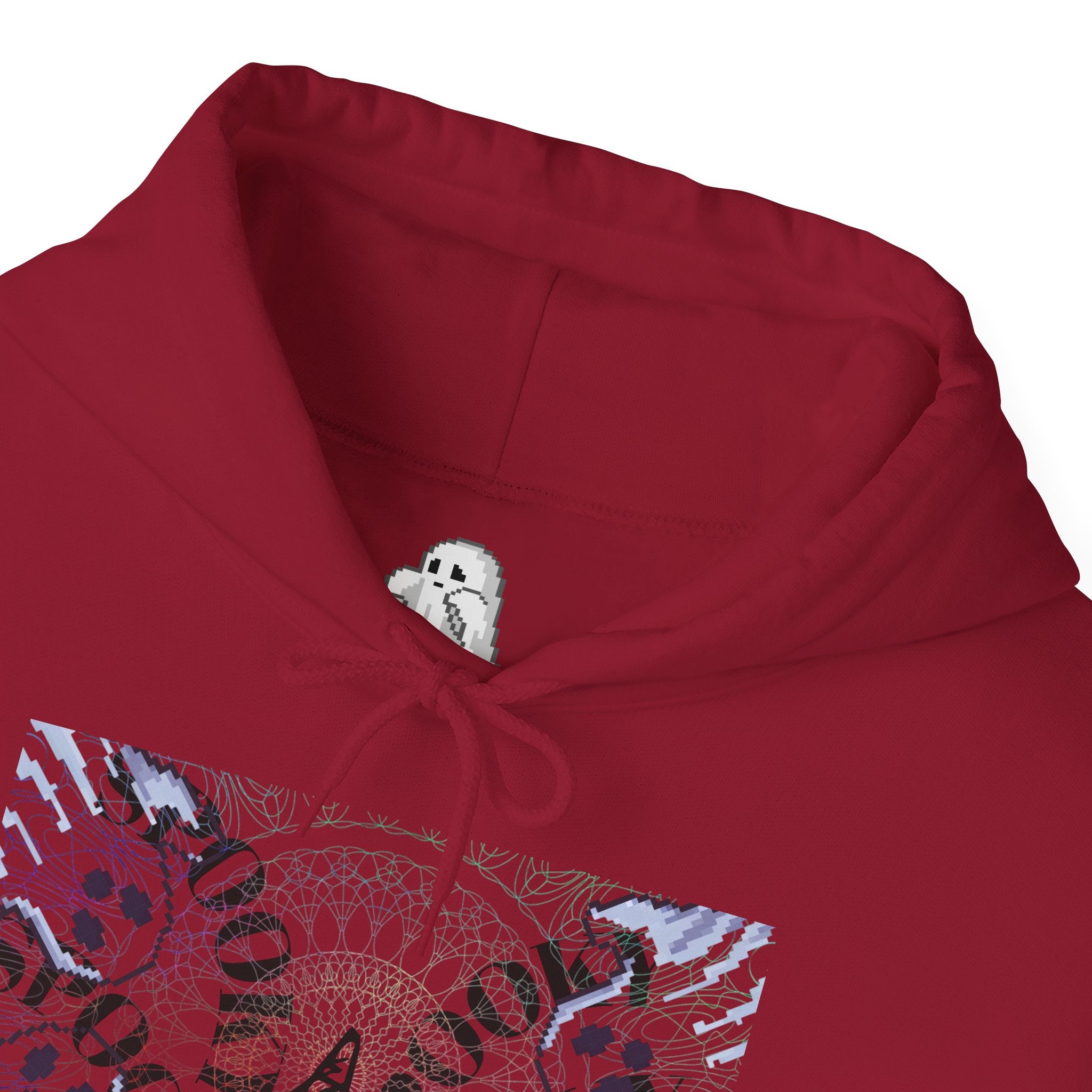 Red hoodie with a ghost design on the hood against a white background