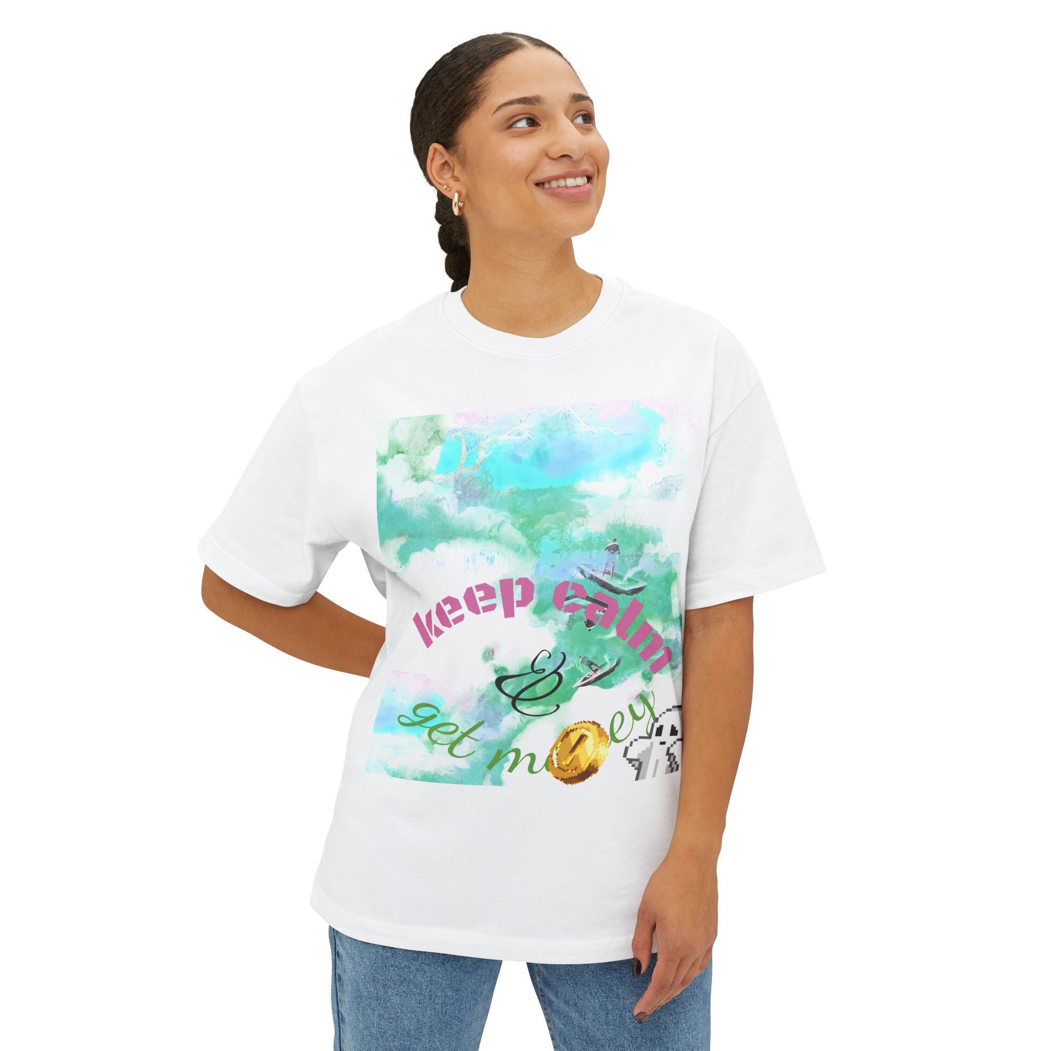Person wearing a white t-shirt with colorful graphics and text on a white background