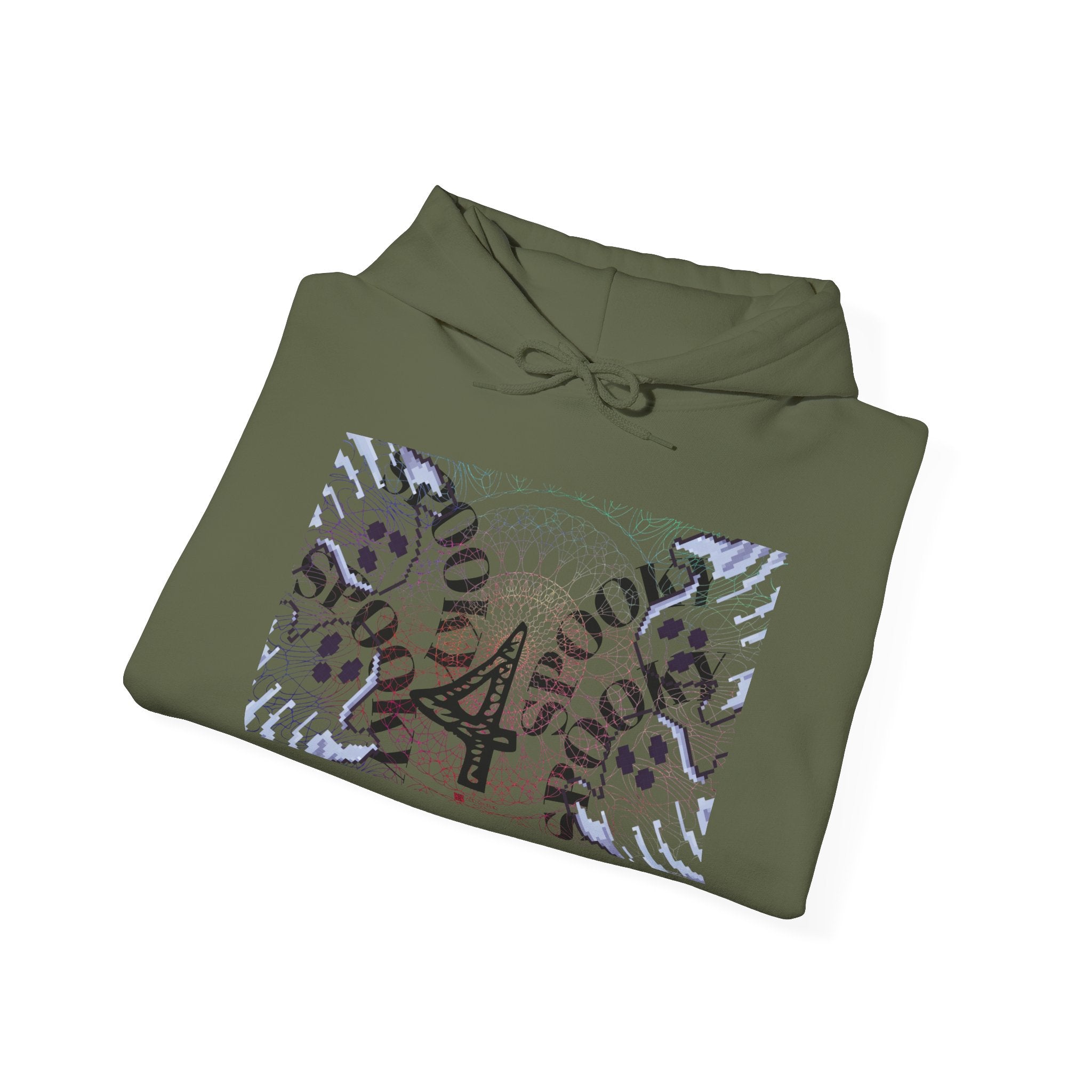 Folded green hoodie with a graphic design on a white background