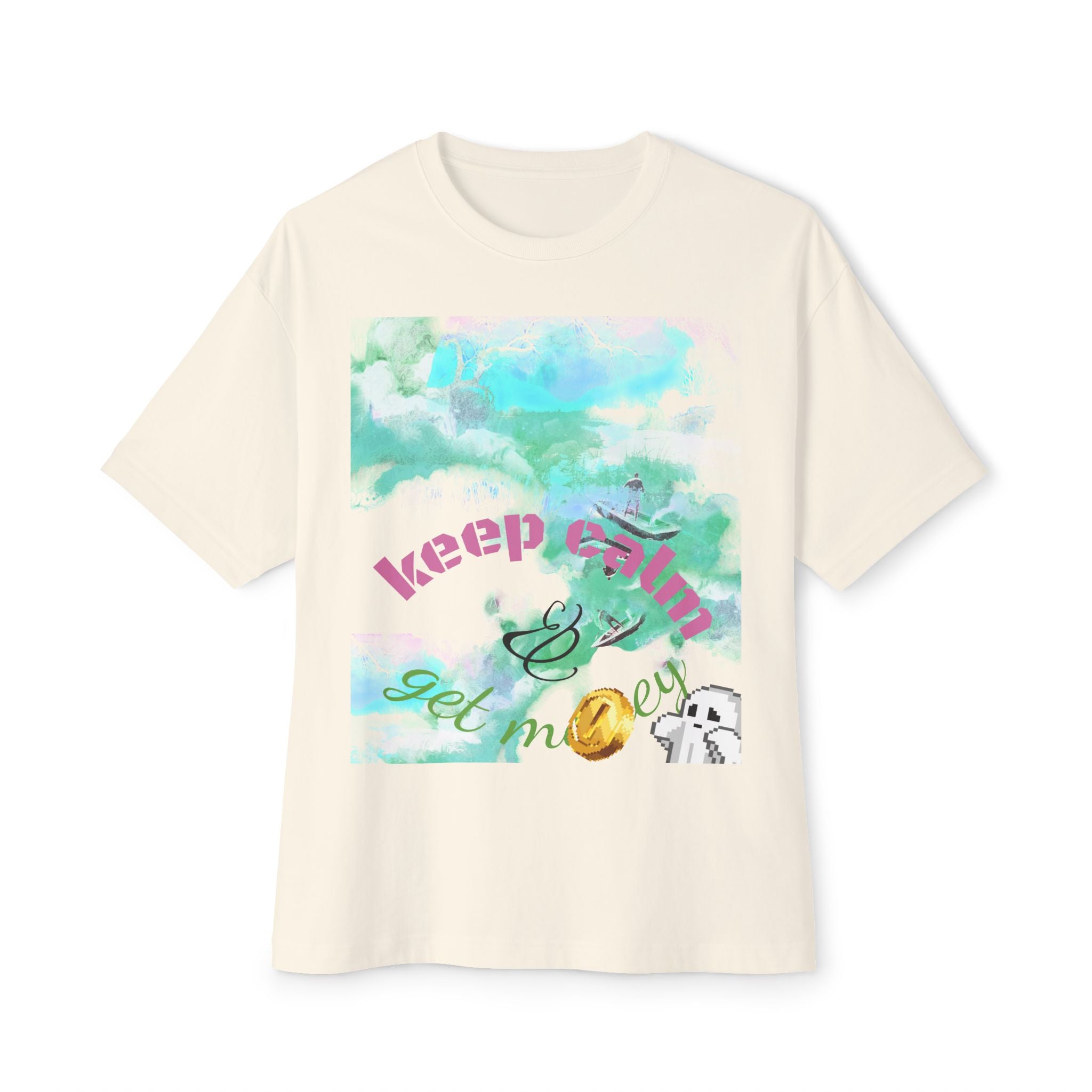 Beige t-shirt with colorful graphic and text on a white background