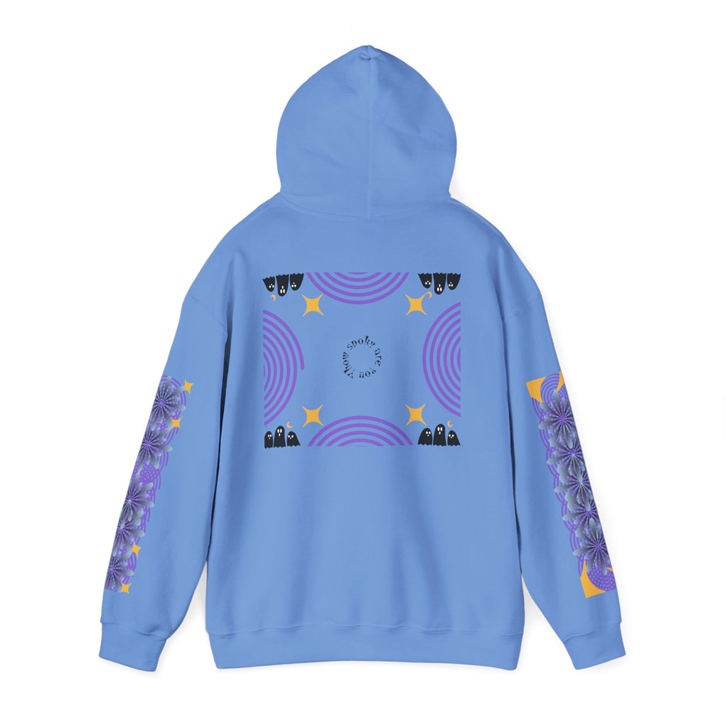 Blue hoodie with purple and yellow designs on a white background