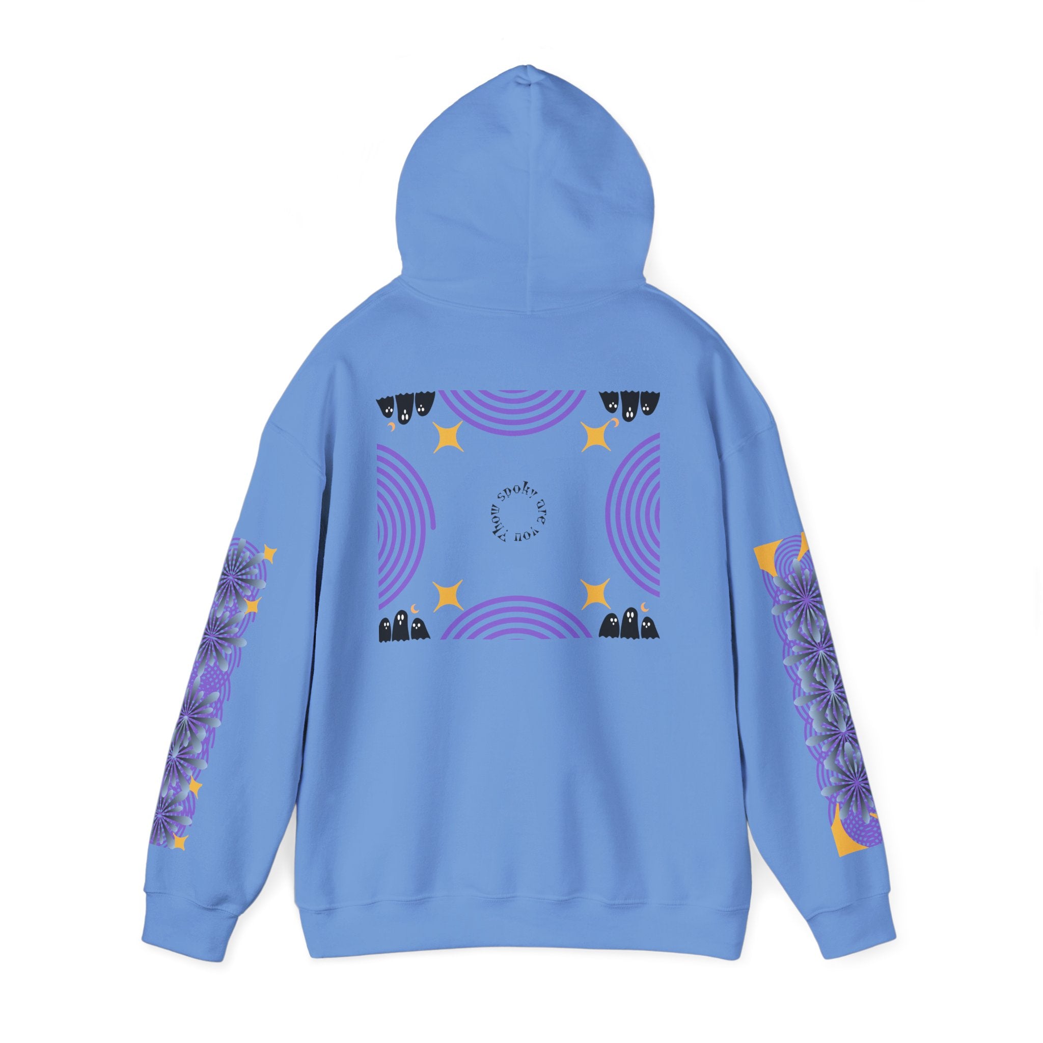 Blue hoodie with purple and yellow designs on a white background
