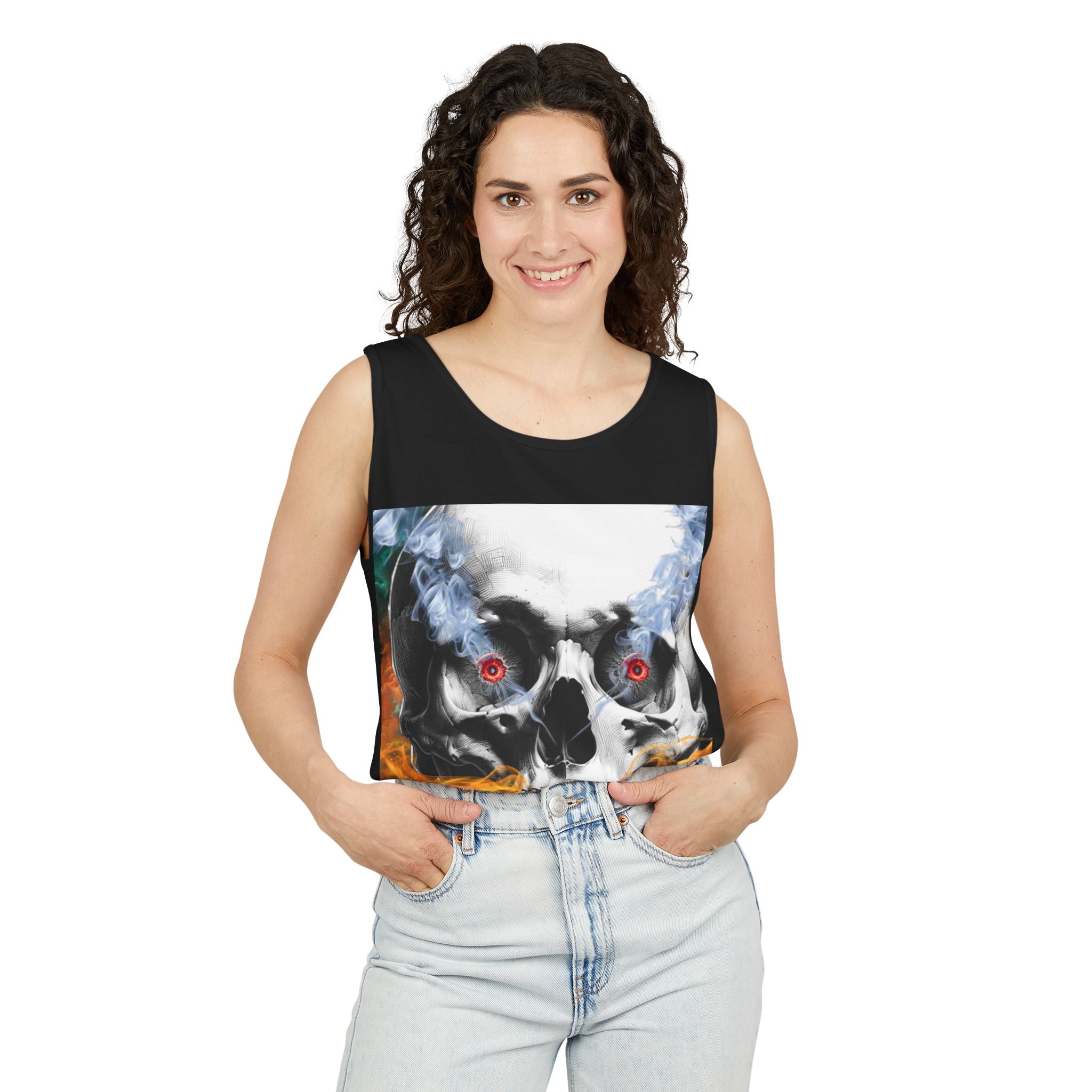 Woman wearing a black sleeveless top with a graphic design of a skull and red eyes on a white background.