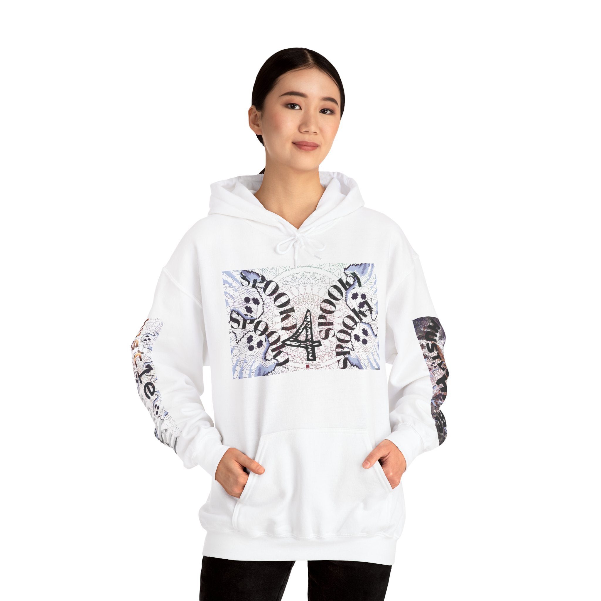 Person wearing a white hoodie with graphic designs on a white background