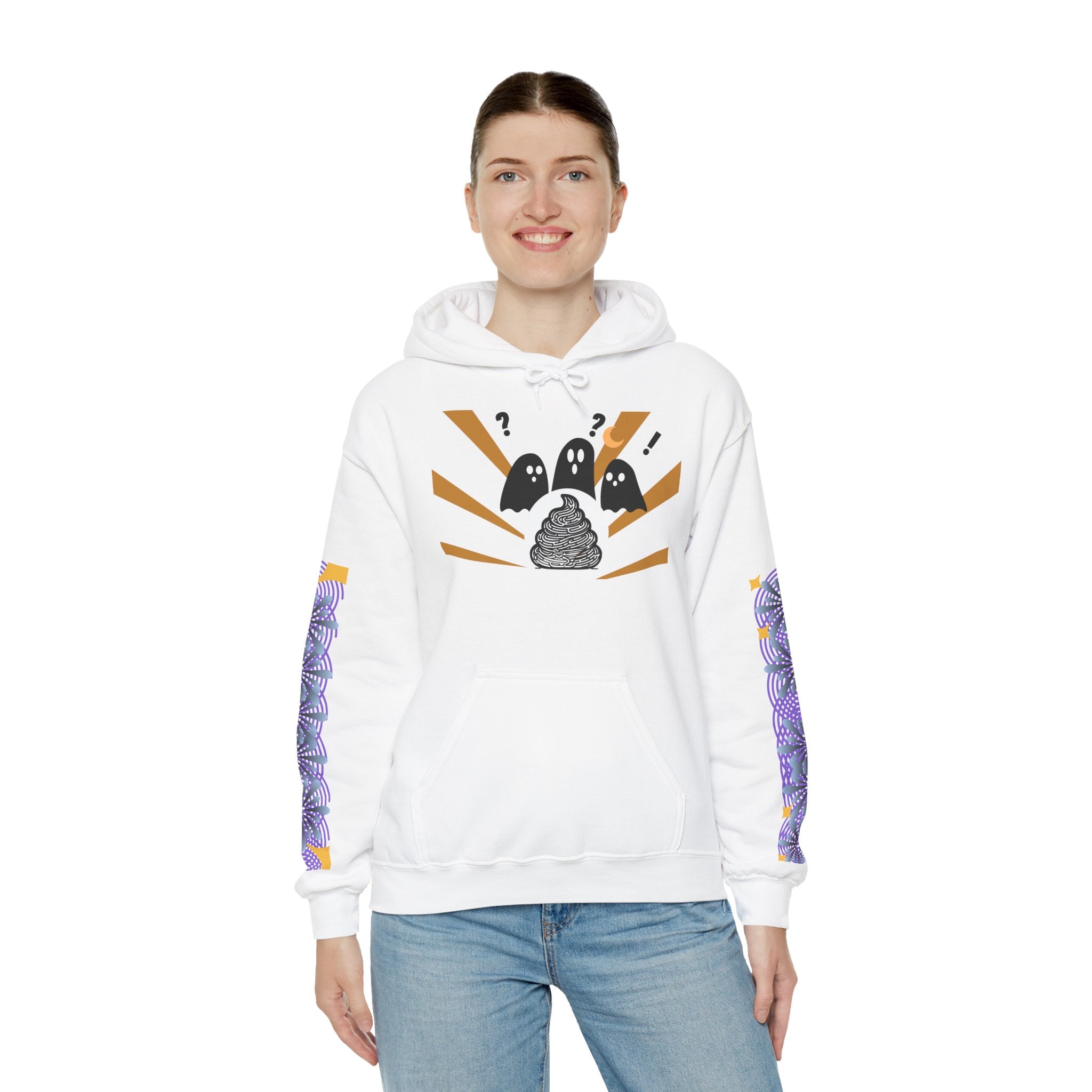 Person wearing a white hoodie with a graphic design on a white background