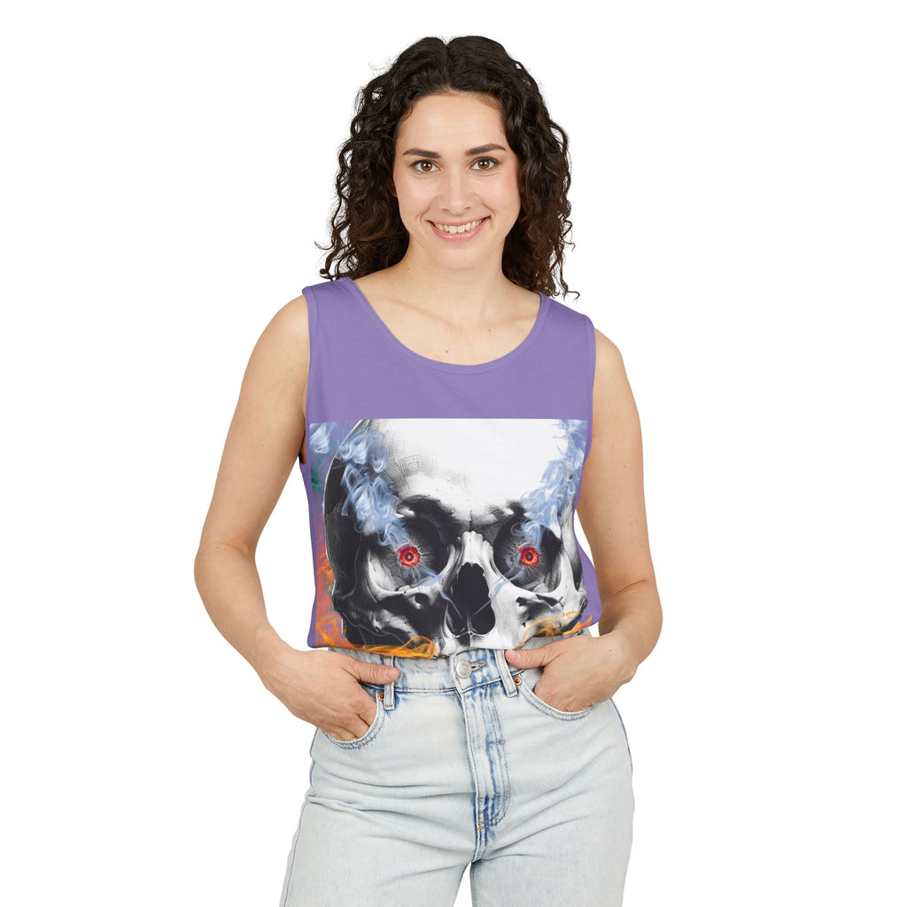 Woman wearing a sleeveless shirt with a graphic design on a white background