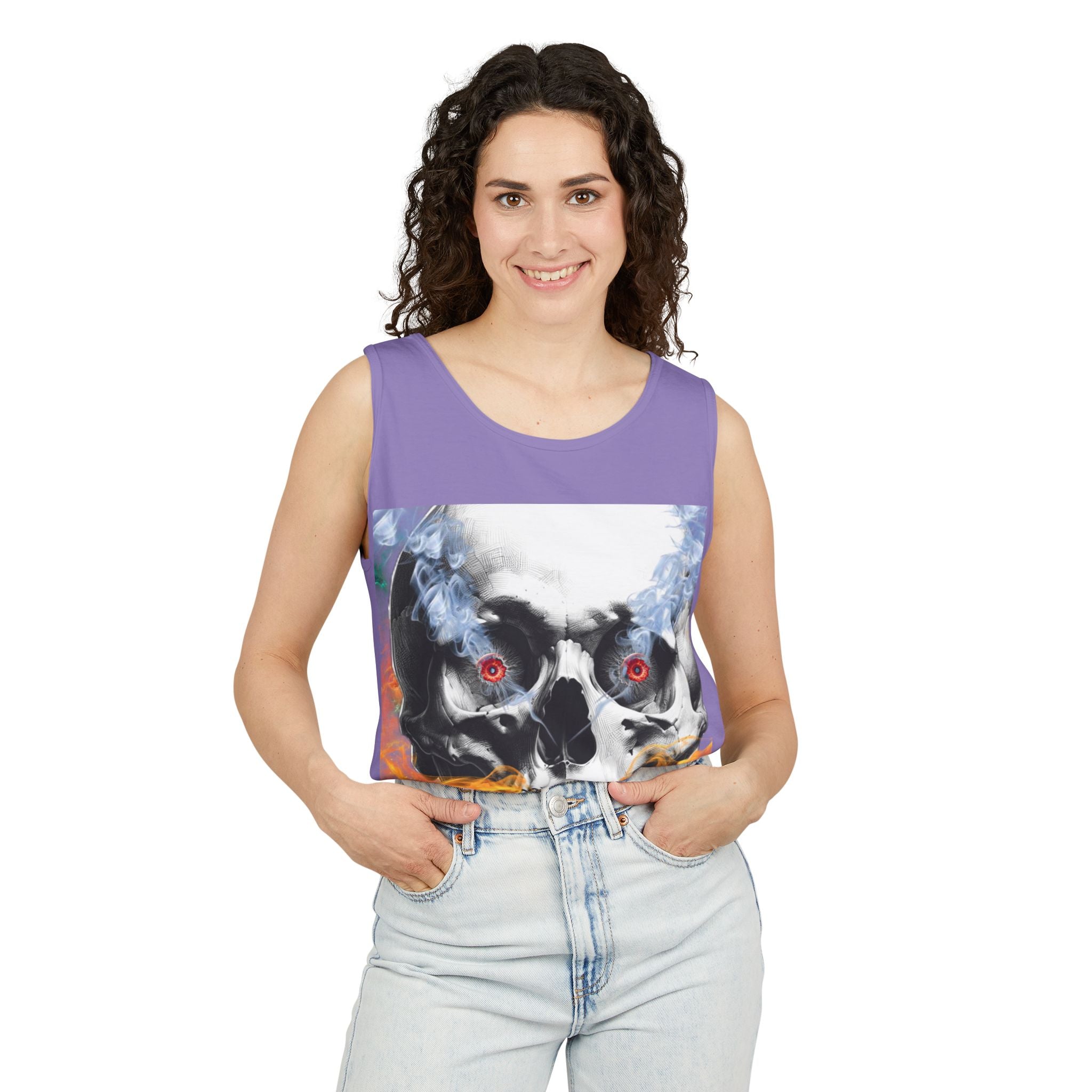 Woman wearing a sleeveless shirt with a graphic design on a white background