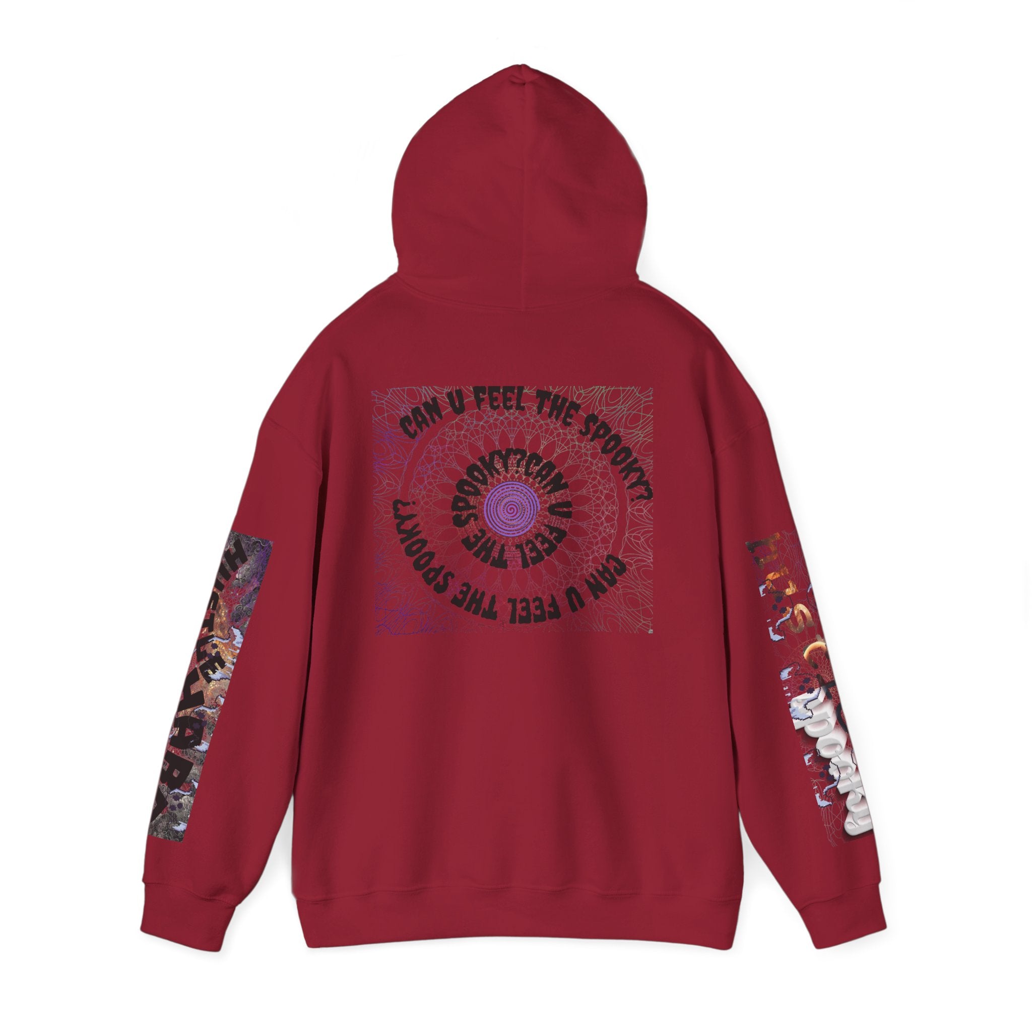 Red hoodie with graphic designs on sleeves and back on a white background