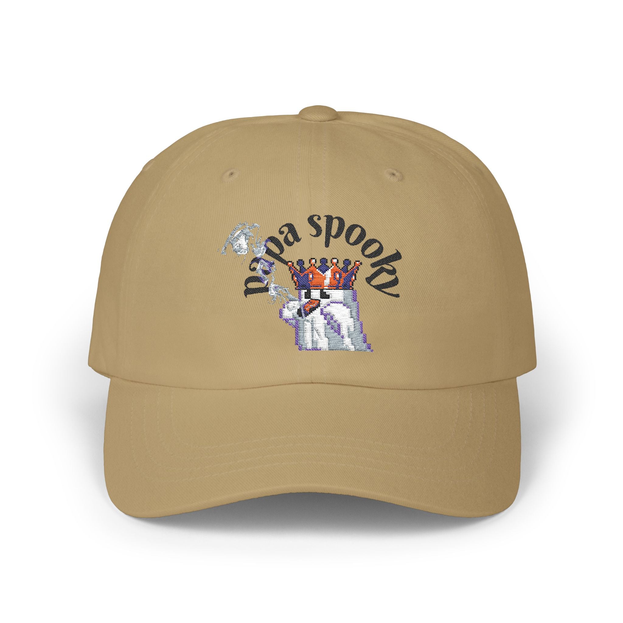 Beige cap with 'papa spooky' text and graphic on a white background