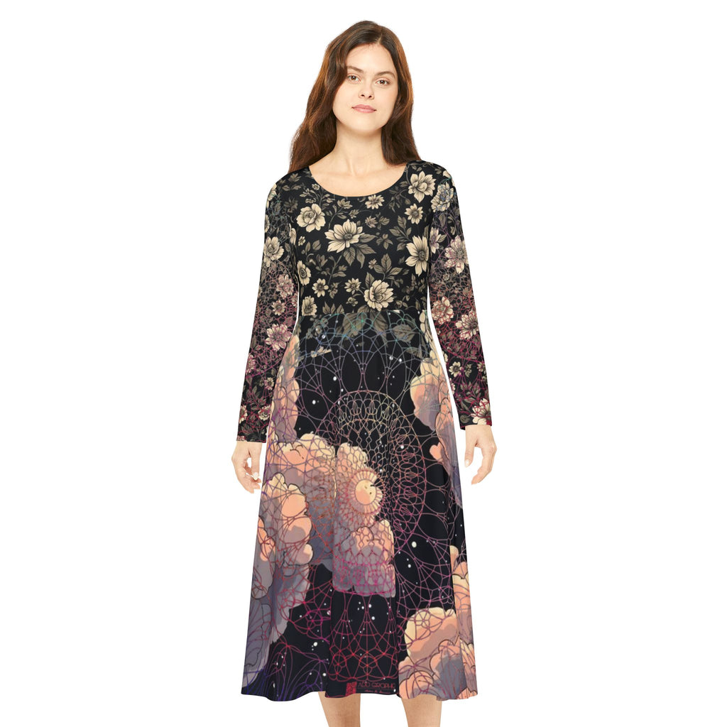  custom Woman wearing a long-sleeve dress with a floral and geometric pattern on a white background