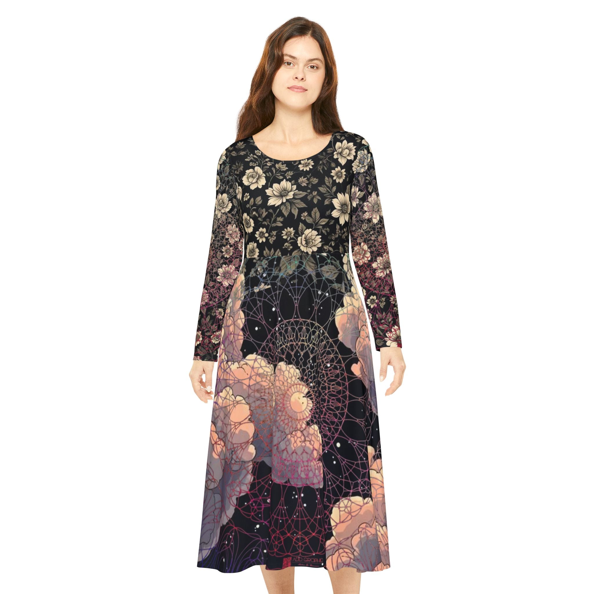  custom Woman wearing a long-sleeve dress with a floral and geometric pattern on a white background