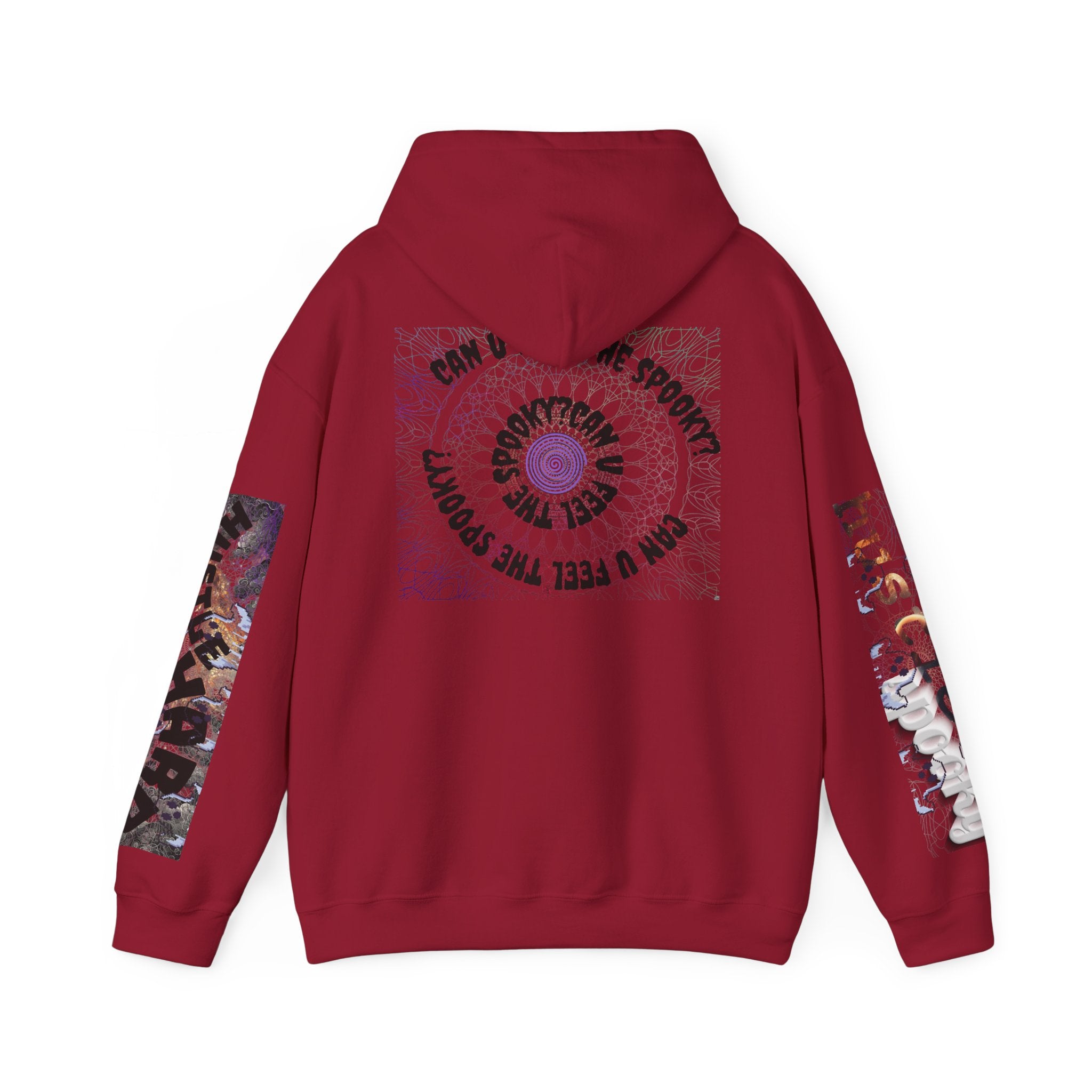 Red hoodie with graphic designs on the back and sleeves against a white background