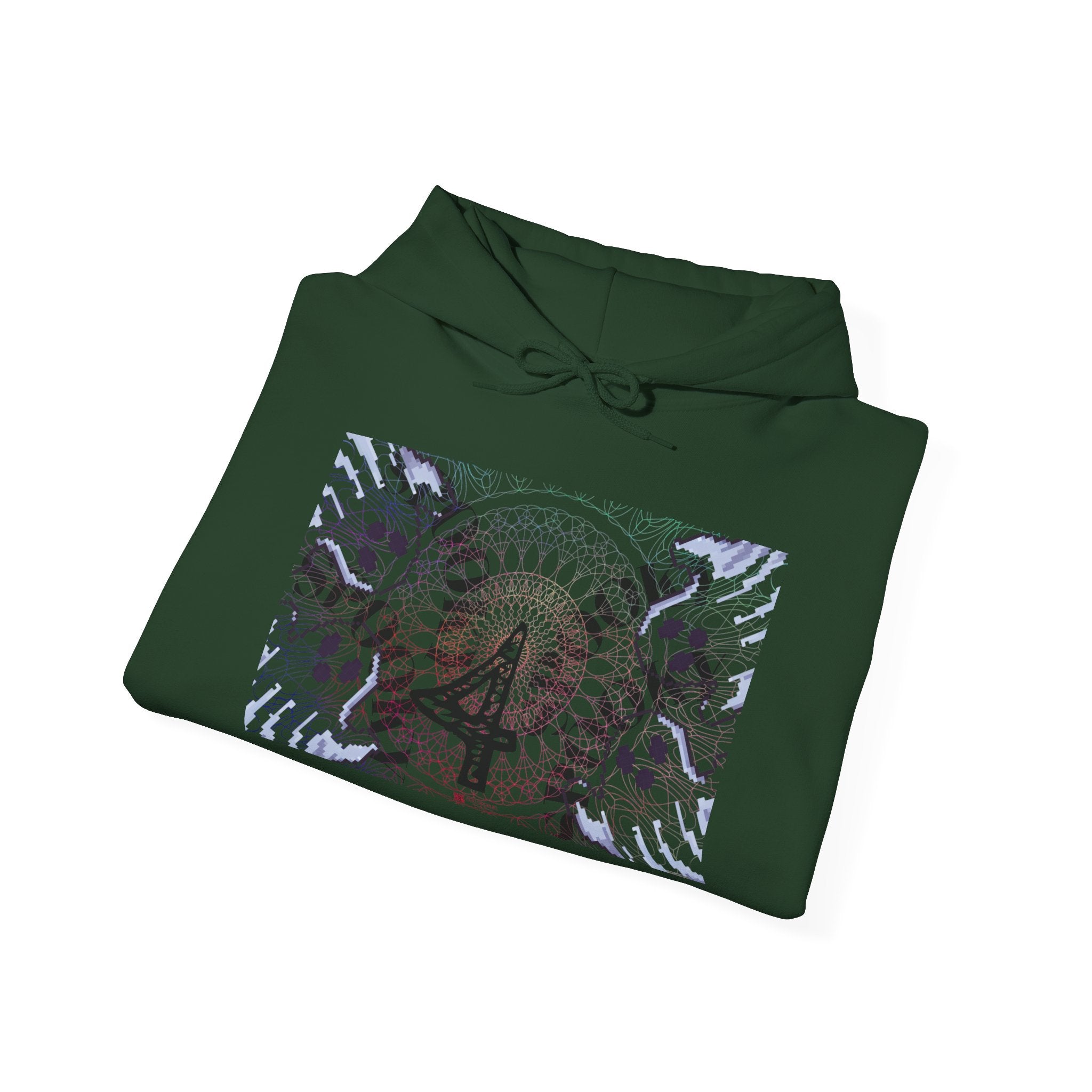 Green hoodie with a colorful circular design on a white background