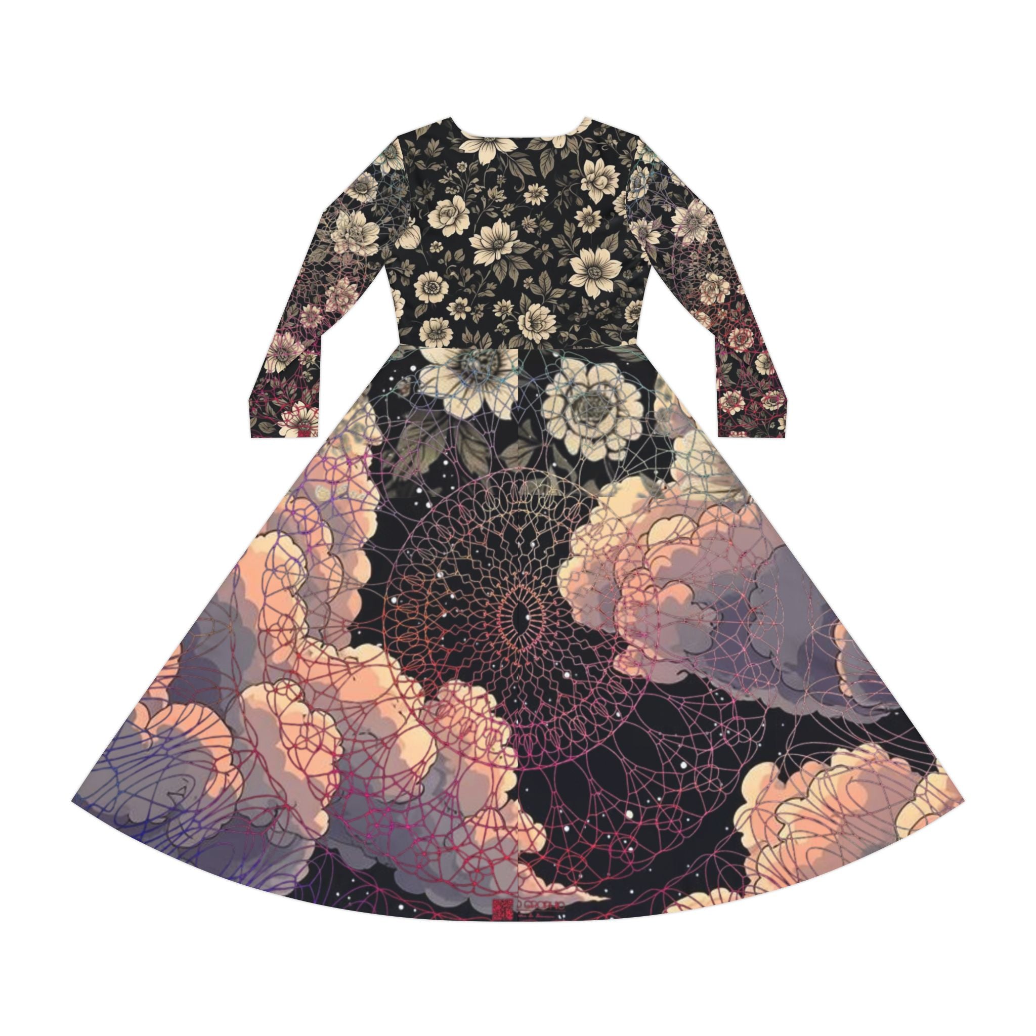 Floral and abstract patterned dress on a white background