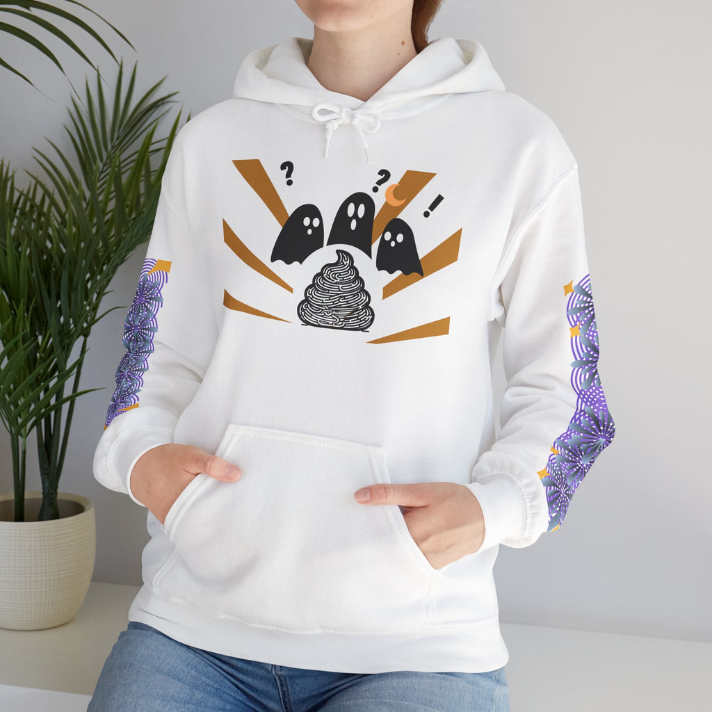 White hoodie with graphic design featuring ghosts and a poop emoji, worn by a person.