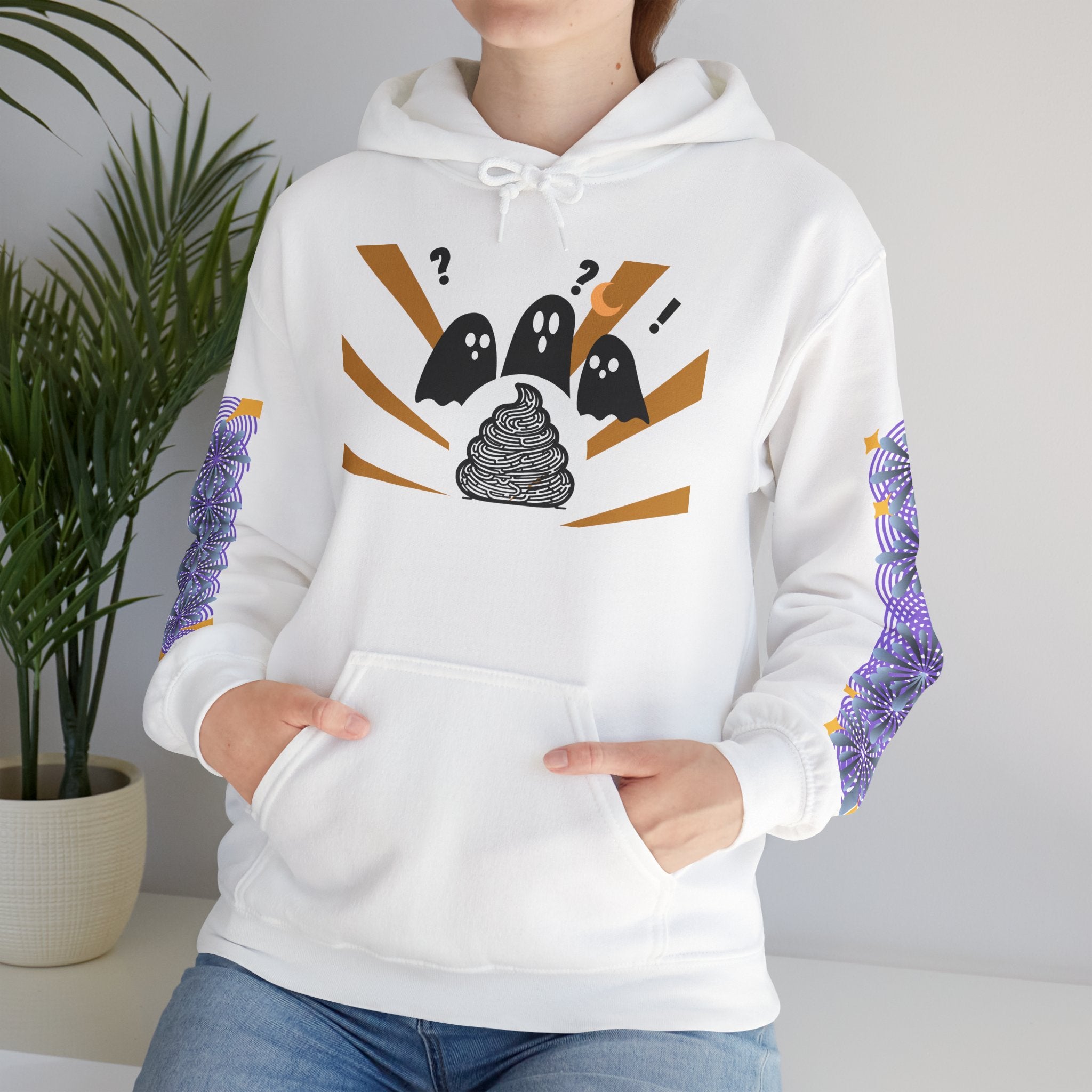 White hoodie with graphic design featuring ghosts and a poop emoji, worn by a person.