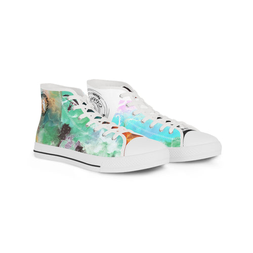 White high-top sneakers with colorful abstract design on a white background