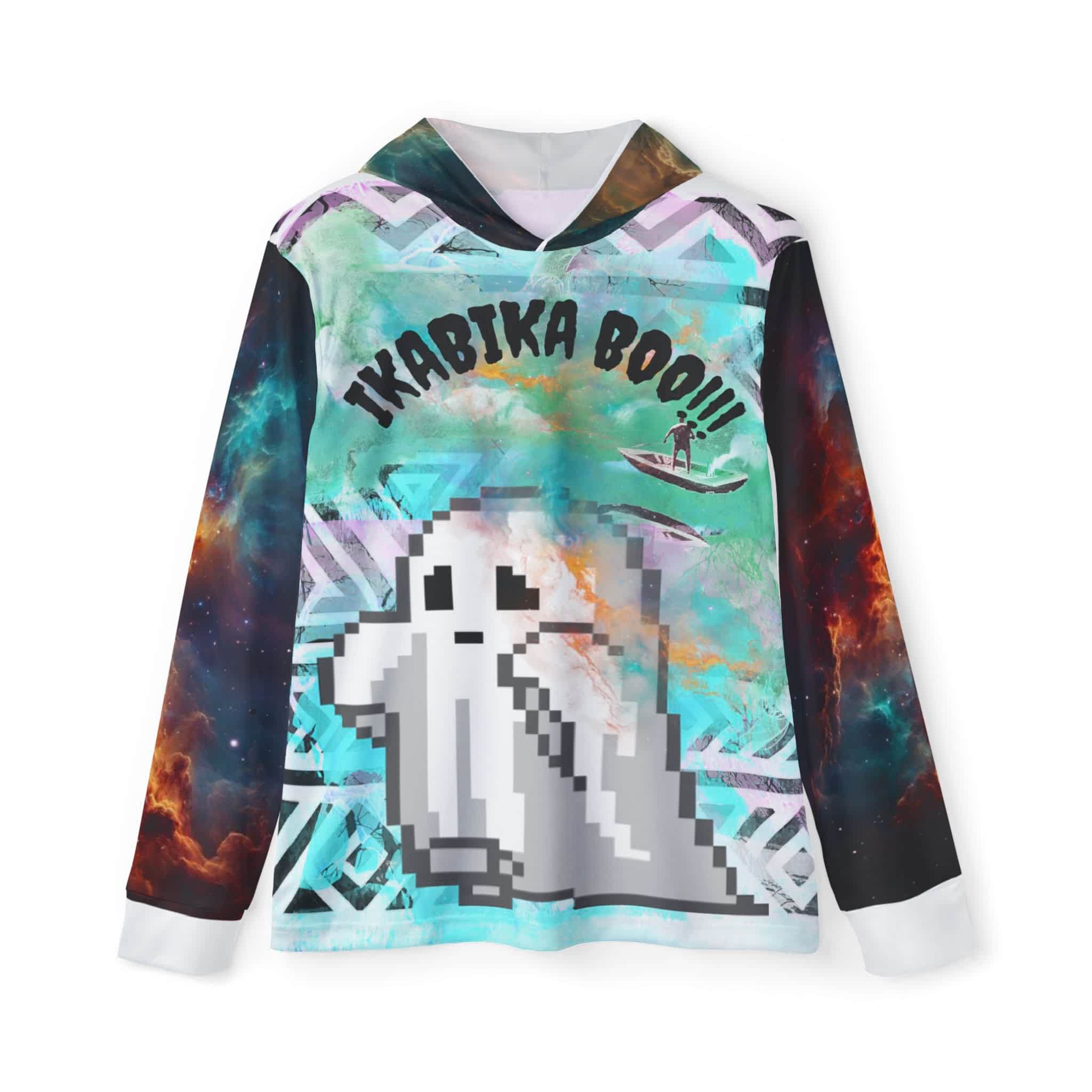  custom Hoodie with pixelated ghost design and 'Ikabika Boo!!' text on a colorful background